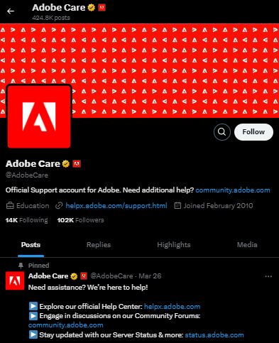 Adobe Care Twitter (X) page